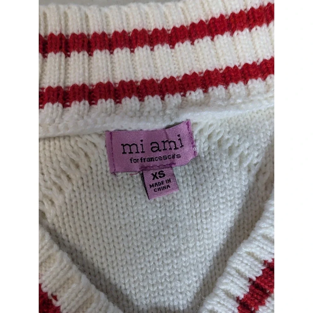 mi ami for francesca's V-Neck Cable Knit Sweater Red & Cream Varsity XS - Picture 2 of 11